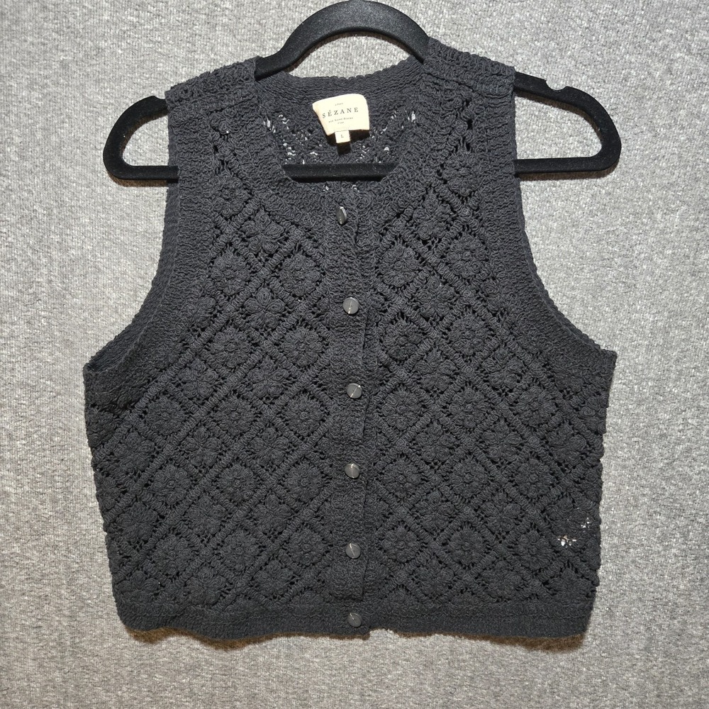 Sezane Ron Top Ecru Sleeveless Top Button Crochet Sz Large Black Luxury